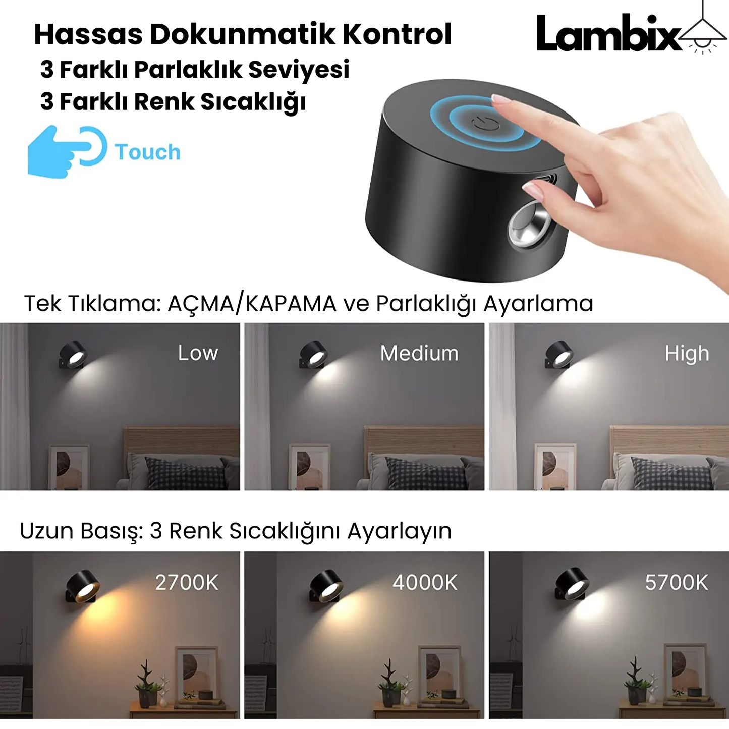 360 Derece Şarjlı Duvar Lambası